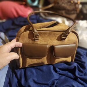 Brown Suede Handbag with Dual Pockets